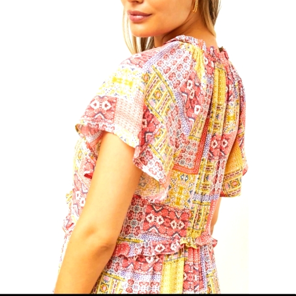 Anthropologie Robin Tiered red yellow floral mini sundress short sleeves Large - Picture 2 of 16